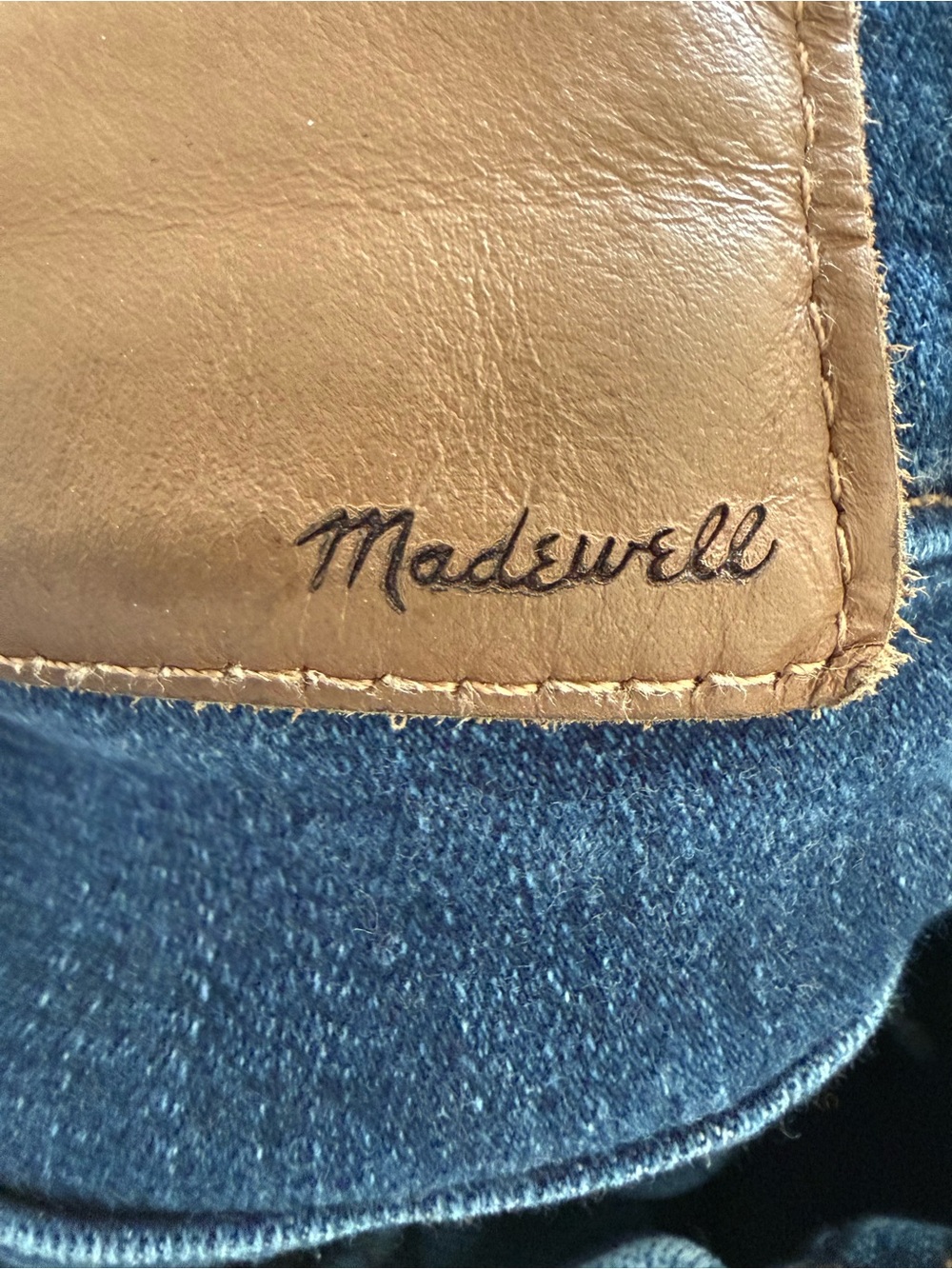 Madewell Slim Jeans in Blue Denim with Tan Leather Patch